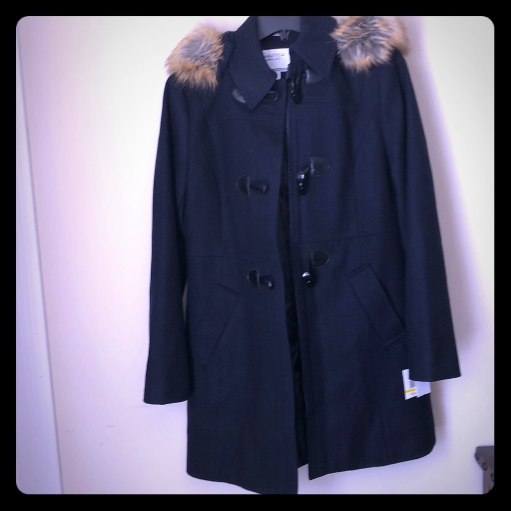 NWT: Nautica Faux Fur Trim Hood  Duffel Wool Coat